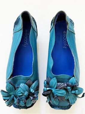BRAND NEW Socofy Handcrafted Genuine Leather Floral Ballet Flats, Teal, 8
